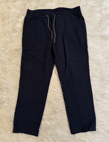Brunello Cucinelli Leisure Fit Linen Drawstring Pants Navy Blue 54