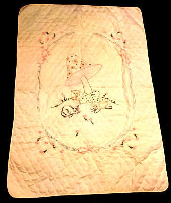 Vintage Baby Blanket Mushroom Baby Cat Dog Quilted Embroidered Pastel Yellow