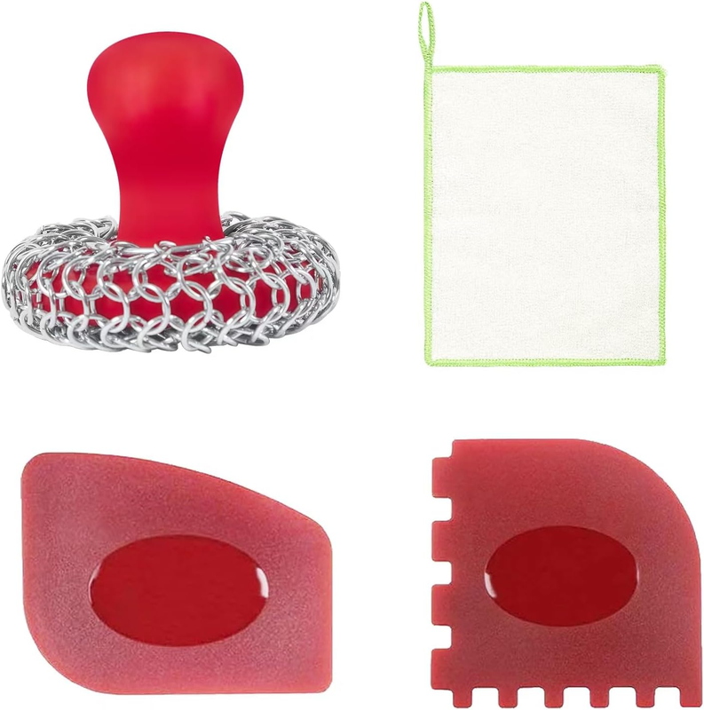 Cast Iron Cleaning Kit, Chainmail Scrubber with Ergonomic Handle, Pan Scrapers,
