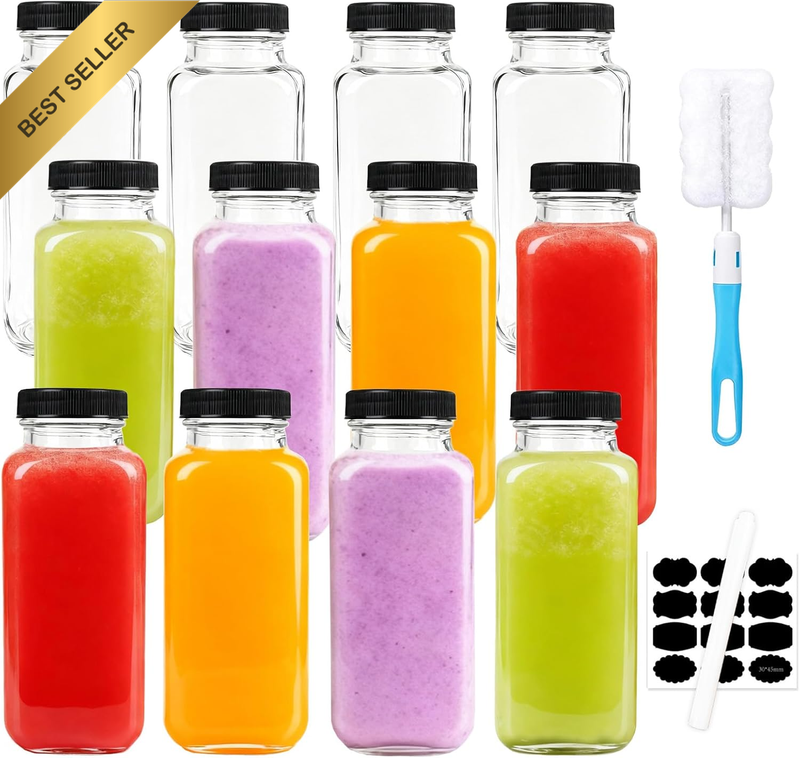 12 Pack Glass Juice Bottles with Lids, 8Oz Smoothie Bottle, 250Ml Reusable Glass