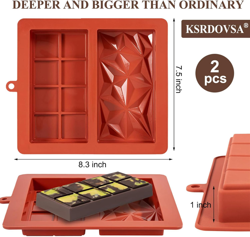 Chocolate Bar Mold, 2 Pcs Chocolate Molds Silicone, Non-Stick Chocolate Mold Dee