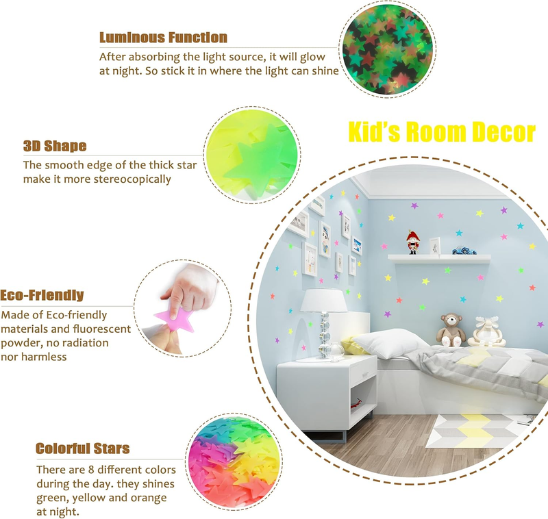 Glow in The Dark Stars Stickers for Ceiling, Adhesive 200pcs 3D Glowing Stars an