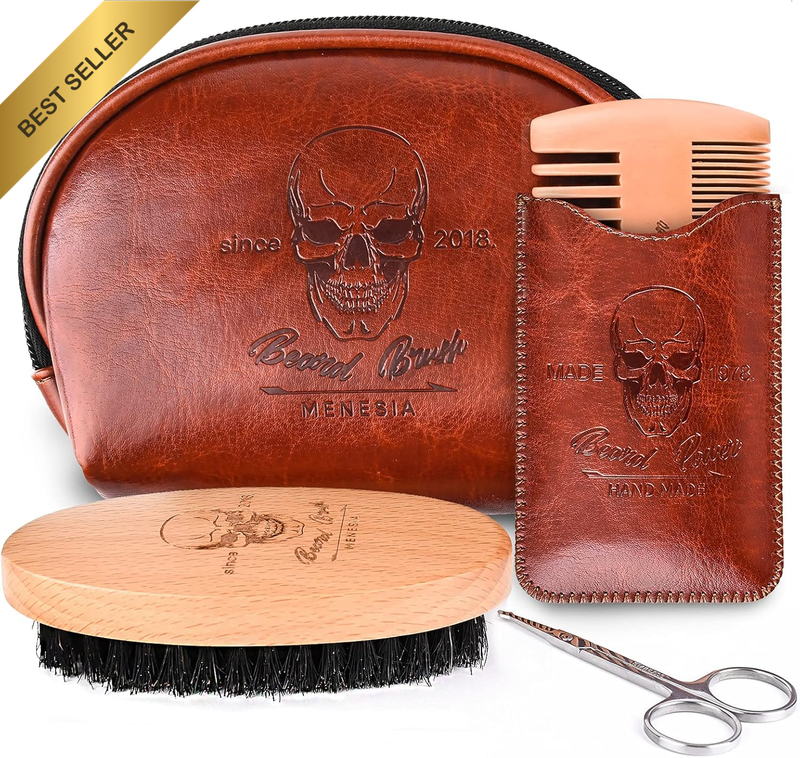 Beard Brush and Comb Set Boar Bristle Kit with Travel Bag Comb Scissors