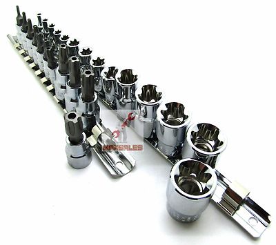 25 Pc bits E-TORX (Star) 5 point MALE/6 Point FEMALE SOCKET Bit Set + Rails New 