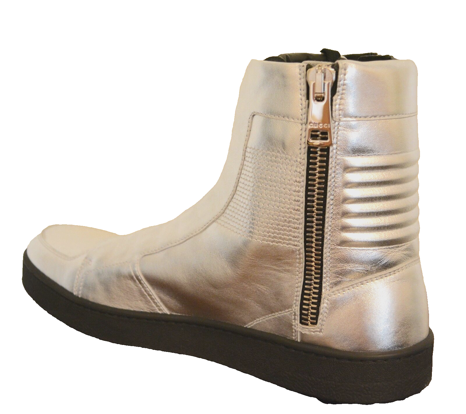 Pre-owned Gucci Mens Hitop Leather Silver Metallic Sneakers Us 9 Eu 42.5