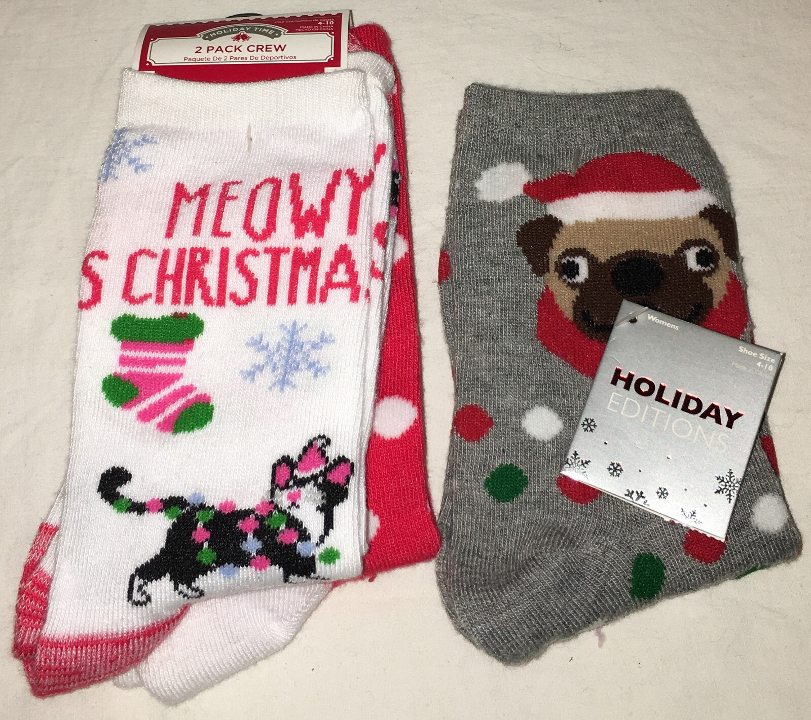 Cat Dog Polka Dot Red White Gray (3 Pair) New