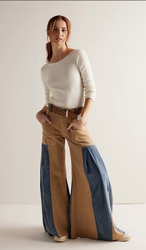 

Широкие расклешенные джинсы Free People Rebel с плиссировкой и цветными блоками, потертый край, светло-коричневый синий  НОВИНКА, Tan blue, we the free rebel wide flare jeans