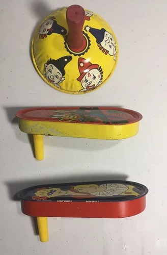 Lot of 3 Vintage Kirchof Noise Makers & Bell Tin Litho Clown Grasshopper