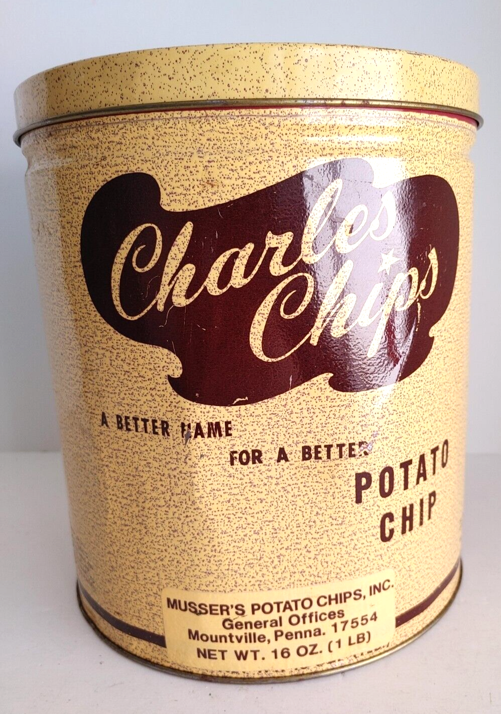 貴重！MUSSER'S POTATO CHIPS 缶アメリカンアンティーク Vtg 60's Charles Pretzels Musser's Potato Chips 9.5” Tall