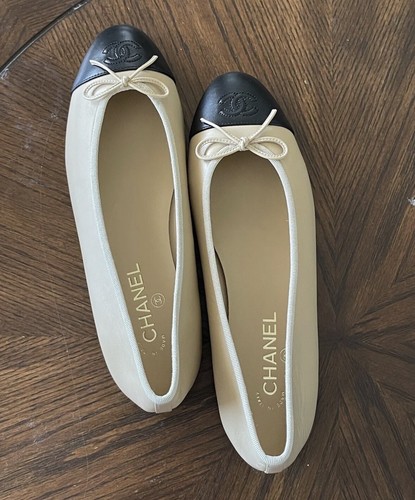 Pre-owned Chanel Beige Lambskin Cap Toe Ballerina Flats Choose Your Size In Black / Beige