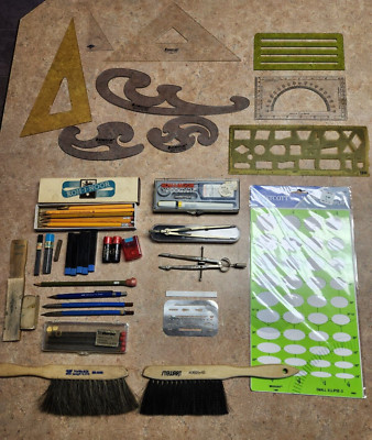 Vintage Drafting Tools Lot - Pencils Leads, Stencils Compass, Rapidograph, Tools