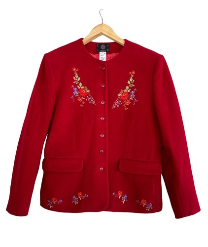 Vintage KENZO Red Wool Jacket Colorful Embroidery Flowers