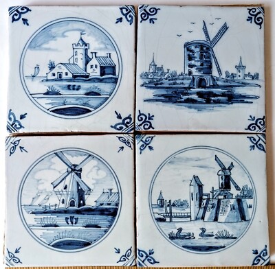 Set Of 4 Vintage Delft Blue White Tiles 5in x 5in Dutch Windmills Holland Lot#2