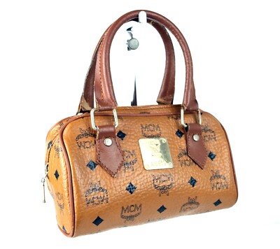 MCM Cognac Canvas Leather Mini Boston Hand Bag Purse Brown Used Women's Germany