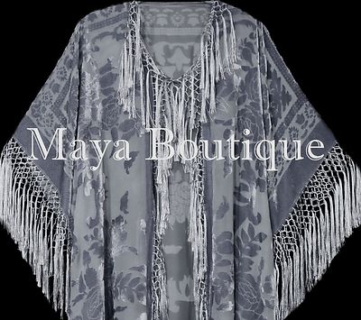 Pre-owned Maya Matazaro Silver Gray Fringe Jacket Kimono Duster Silk Burnout Velvet  Plus