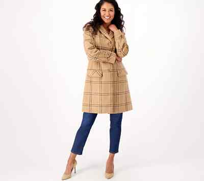 Isaac Mizrahi Live! Plaid Coat with Notch Lapel-Medium Camel-Large-NEW-A459876