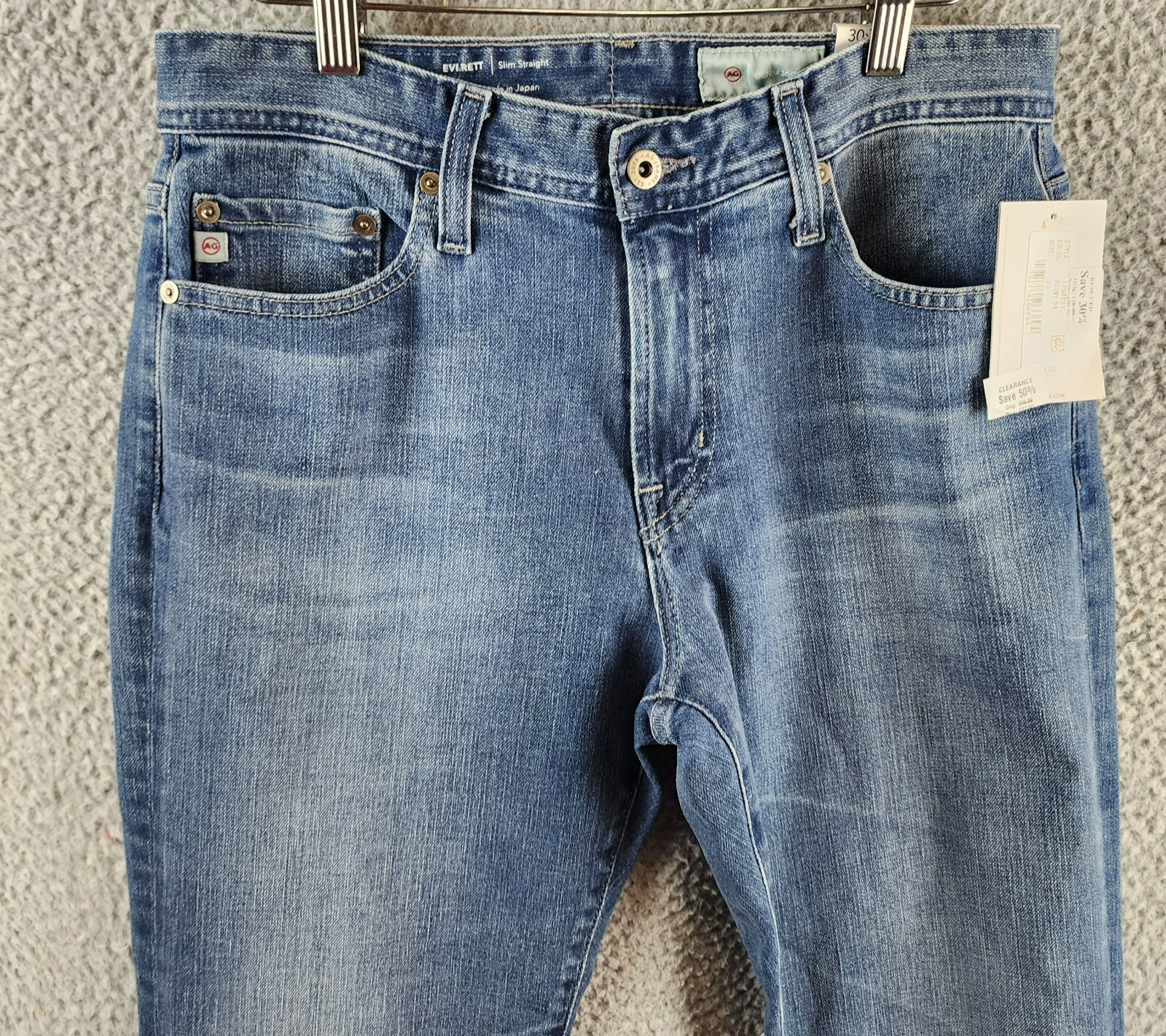 AG Everett Slim Straight Fit Jeans Men's 30x34 Runyon Blue Denim Button Zip - Picture 4 of 18