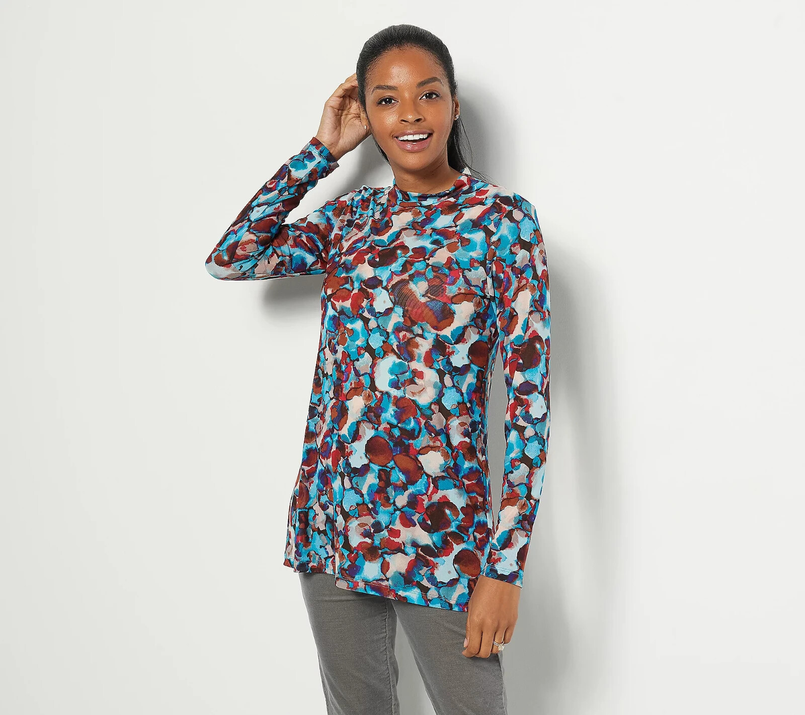 LOGO Layers by Lori Goldstein Printed Sheer Mesh Top Seaport