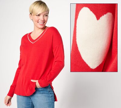 Studio Park Women's Top Sweater Sz XL x Amy Stran V-Neck Heart Red A630700