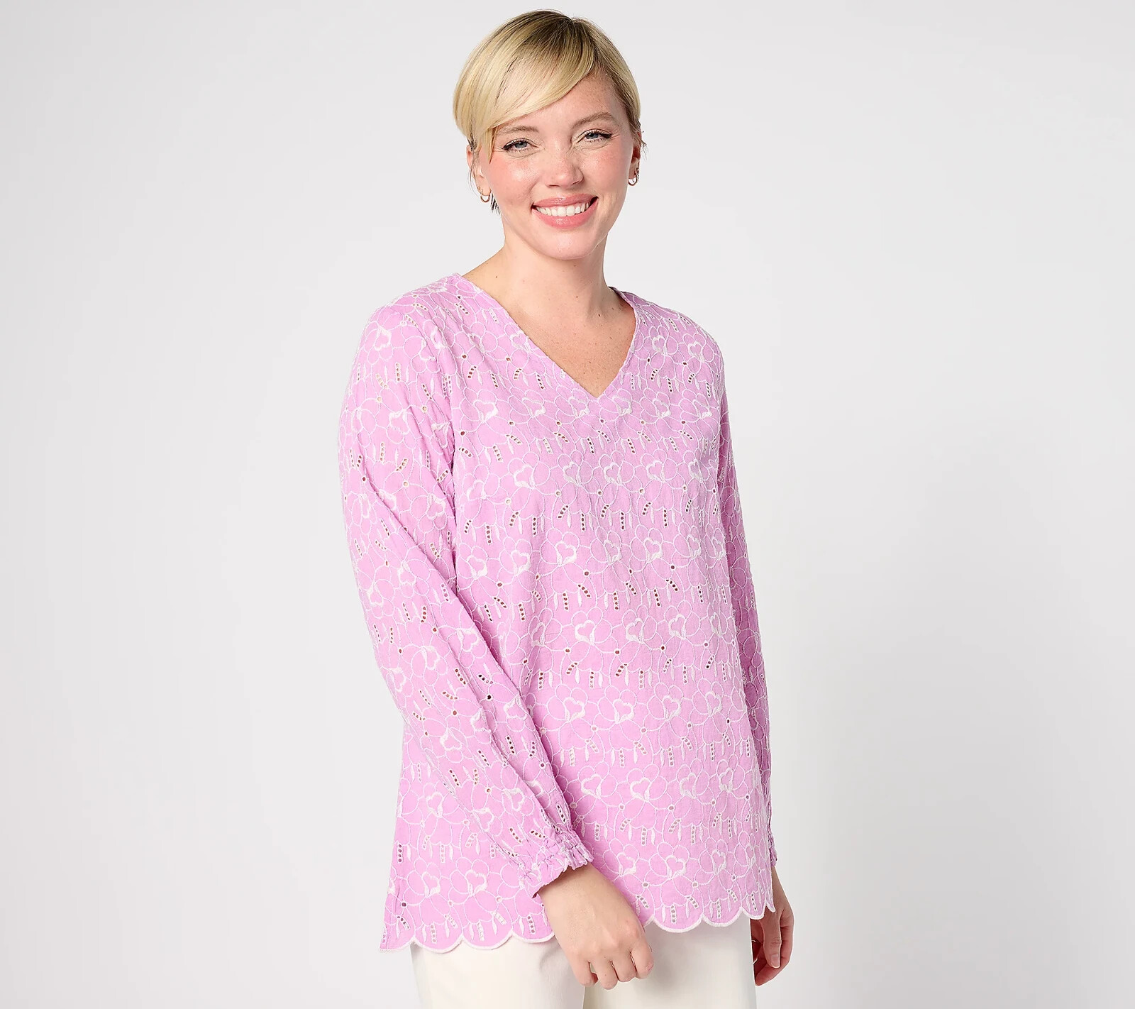 Denim & Co. Novelty Eyelet Top With Smocked Cuff Rosebud