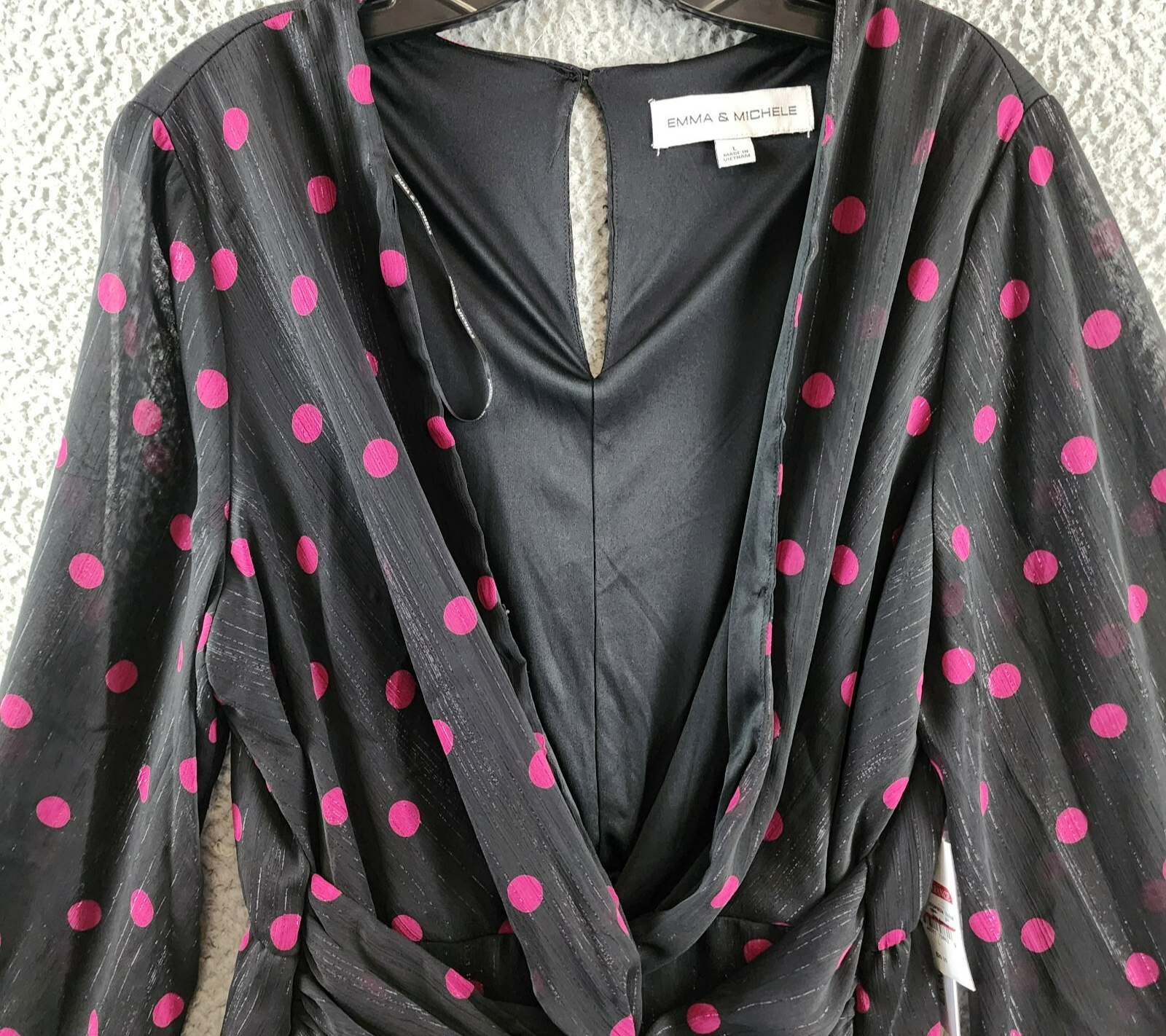 Emma & Michelle Faux Wrap Dress Women's L Black/Red Dot Snap Front Button Back - Picture 3 of 13
