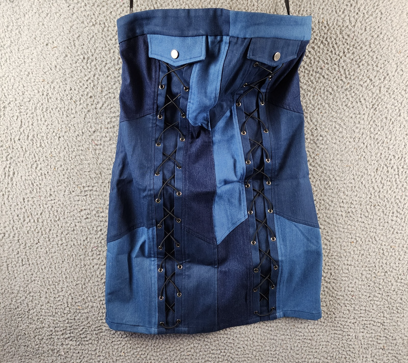 Gracia Criss Cross String Mini Dress Women's M Denim Sleeveless Side Zip Closure - Picture 2 of 14