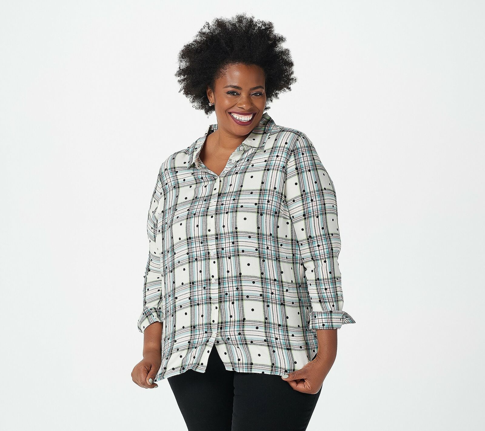 Denim & Co Plaid Button-Front Big Shirt w/Flocked Dots Denim & Co Plaid Button-Front Big Shirt w/Flocked Dots