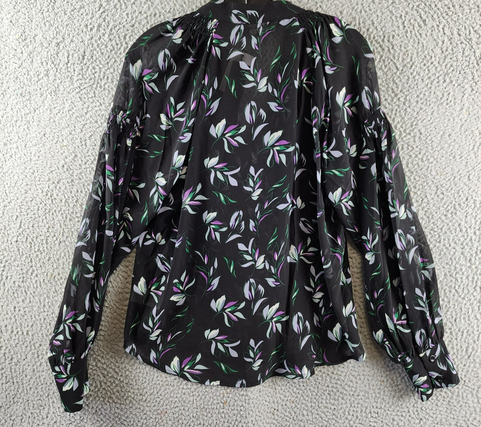 Gracia Floral Button Front Blouse Women's M Black Multi Shirred Long Sleeve - Picture 12 of 14