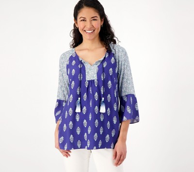 Susan Graver Women's Top Sz 2XS (XXS) PURE Printed Woven Raglan Blue A600405