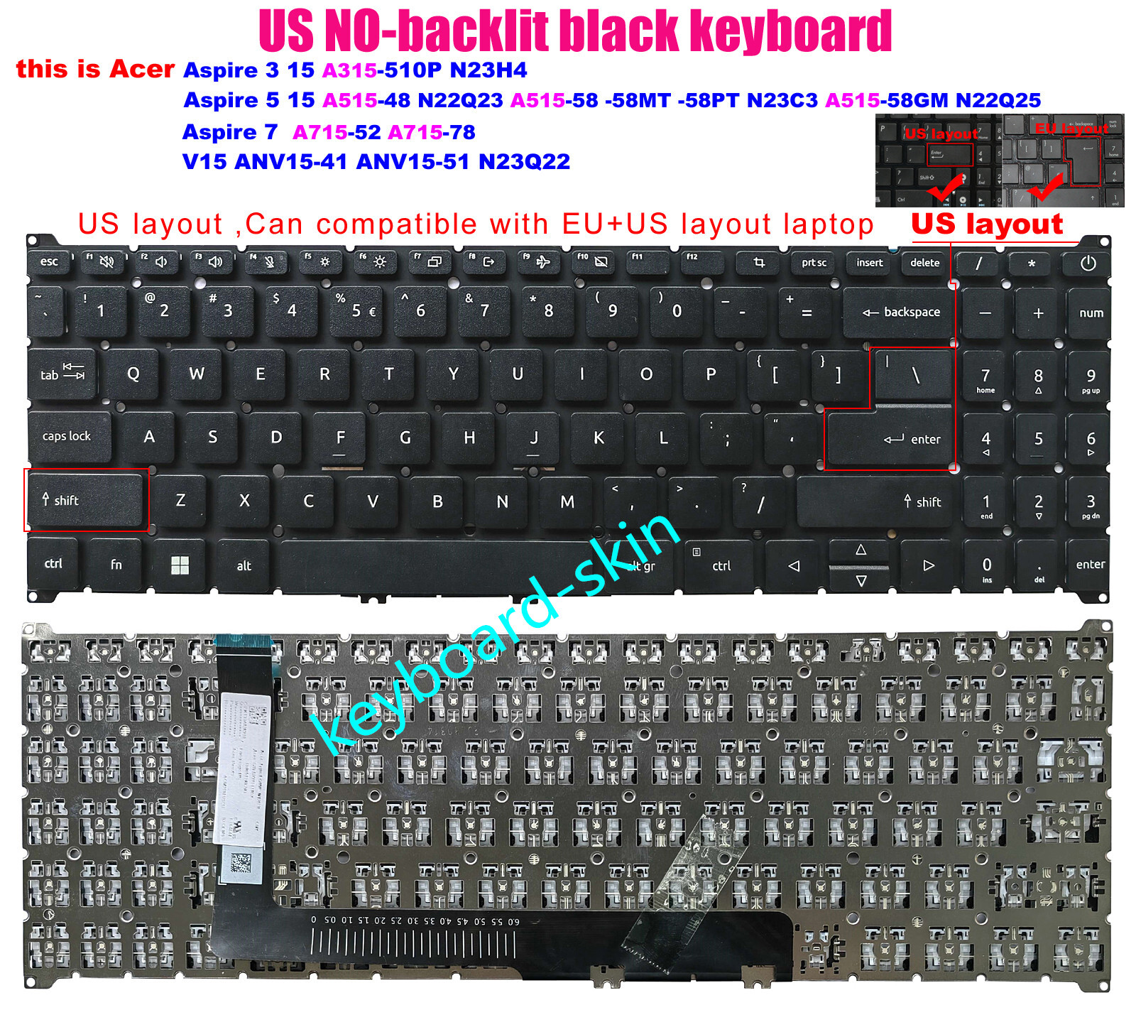 US Keyboard For Acer A515-58 -48 N22Q23 N23C3 N22Q25 A715-78