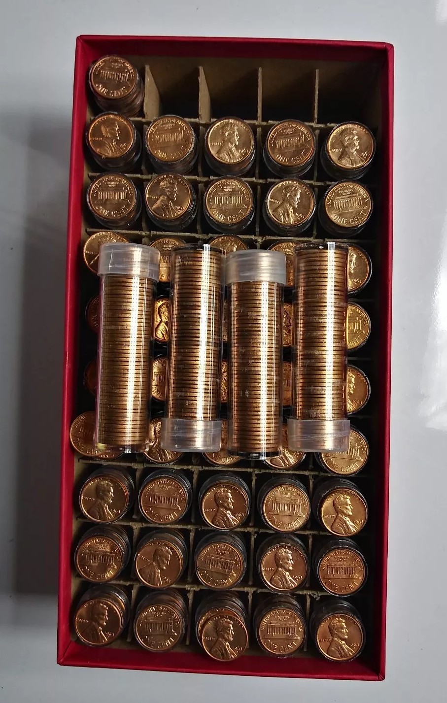 1963-D  Lincoln Uncirculated 2500 cents in 50 Tubes's in Red Storage Penny Box