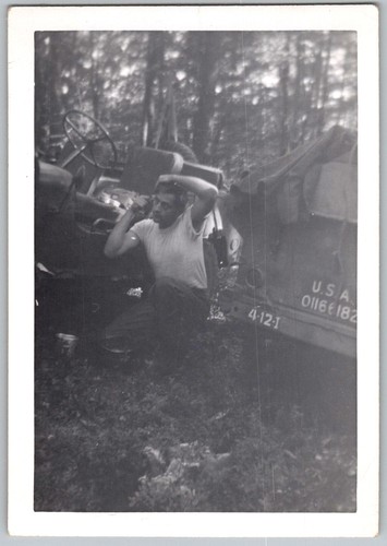 Vtg B&W Snapshot US Army Soldier Pfc Veet Military Jeep Truck WWII 1940s