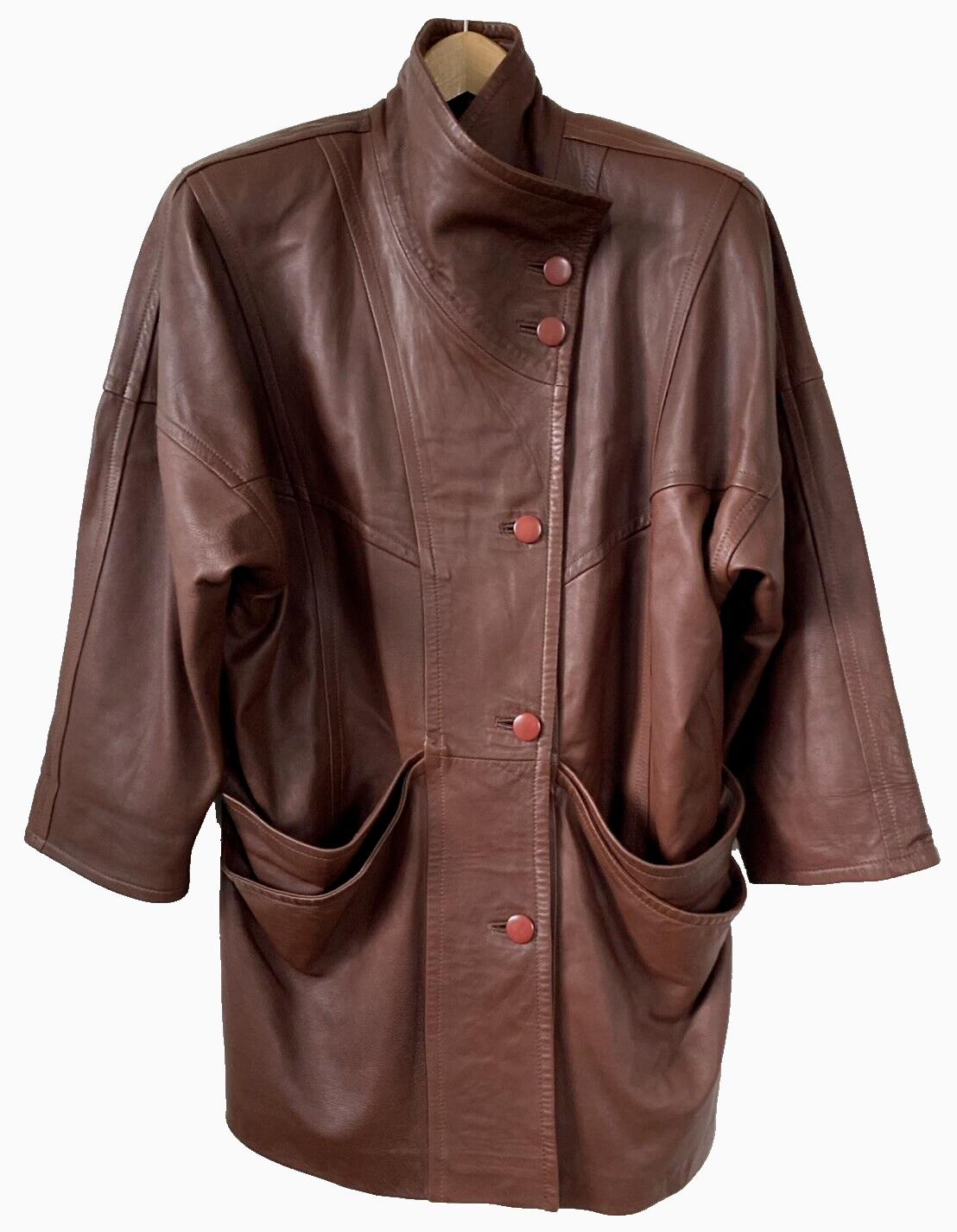 ジャケット・アウター Vnintage leather mods coat Vtg 80s 90s Soft Brown Leather Coat Snap Jacket Sz 12 Retro