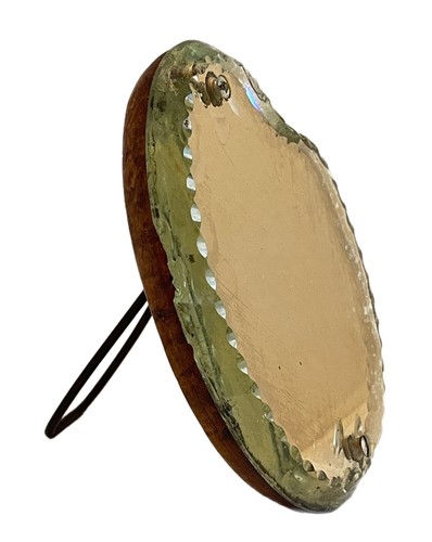 19thC Antique Hand Wrought Iron Mens Shaving Mirror Travel Chipped Beveled Wood