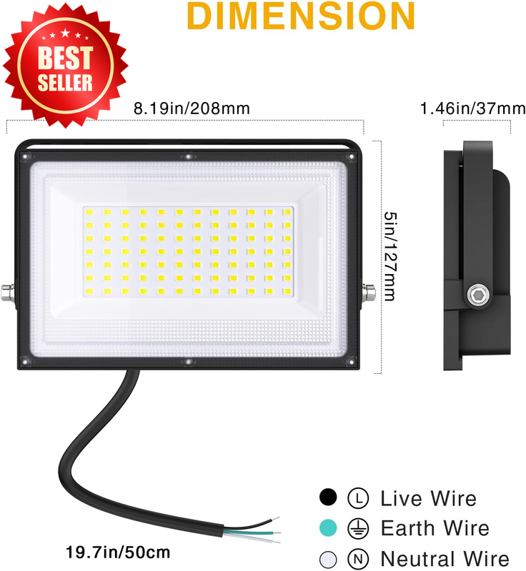 2 Pack 60W 8400LM LED Floodlight Security IP66 Waterproof 6500K US