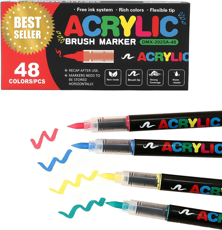 48 Colors Acrylic Paint Markers, Soft Brush Tip Acrylic Paint Markers | Soft Bru