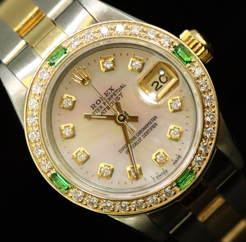 Rolex Ladies Oyster Datejust Diamond Dial 14k Gold Emerald Diamond Bezel