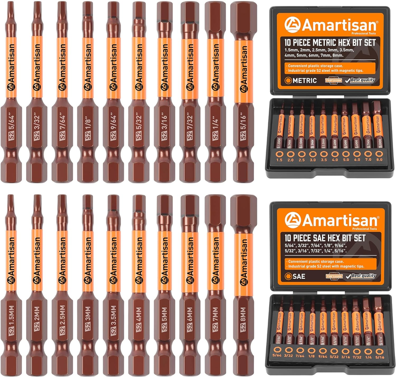 20-Piece Hex Head Allen Wrench Drill Bit Set, Metric and SAE S2 Steel Hex Bits S