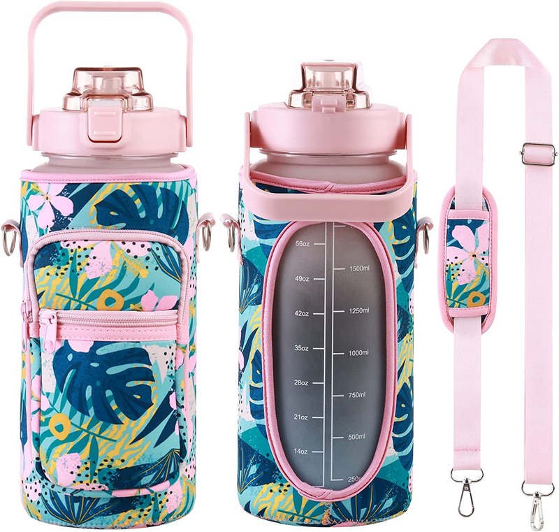 Half Gallon Water Bottle with Sleeve & Strap 64 OZ Motivational Water Bottles wi