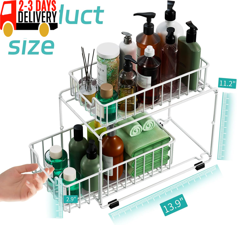 Pull-Out Sliding Drawer, 2 Tier Cabinet Organizer Metal Basket for Countertop Ba