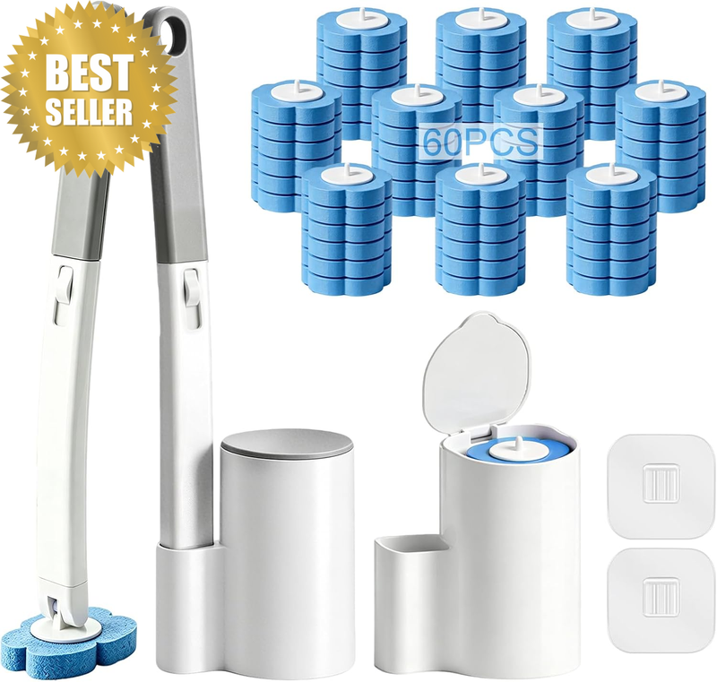 2 Pack Disposable Toilet Brush and Holder Set,Extended Handle with 60 Cleaner Re