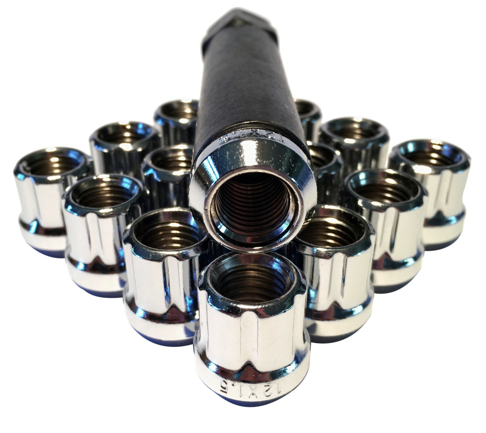 16 Chrome Open End 12X1.5 Acorn Seat Tuner 6 Spline Lock Lug Nut Set