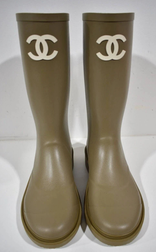 Pre-owned Chanel Rev Dark Beige Caoutchouc White Cc Logo High Pull On Rubber Rain Boots 40