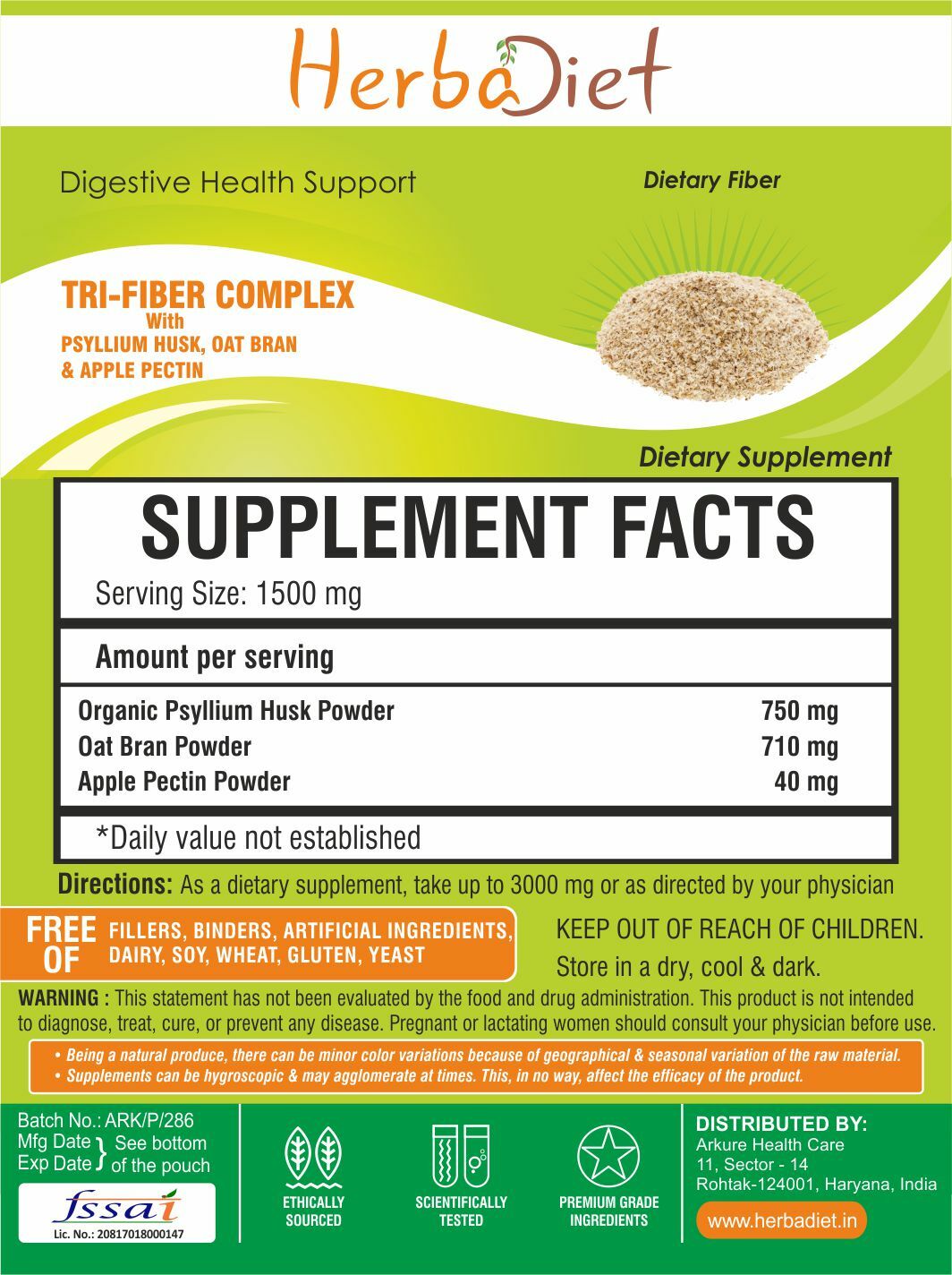 Psyllium Husk Oat Bran Apple Pectin TRIFIBER Powder Digestive