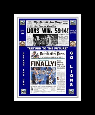 DETROIT LIONS WIN 2023 WILD CARD @ 1957 NFL CHAMPS MATTED PIC OF NEWSPAPER PAGES