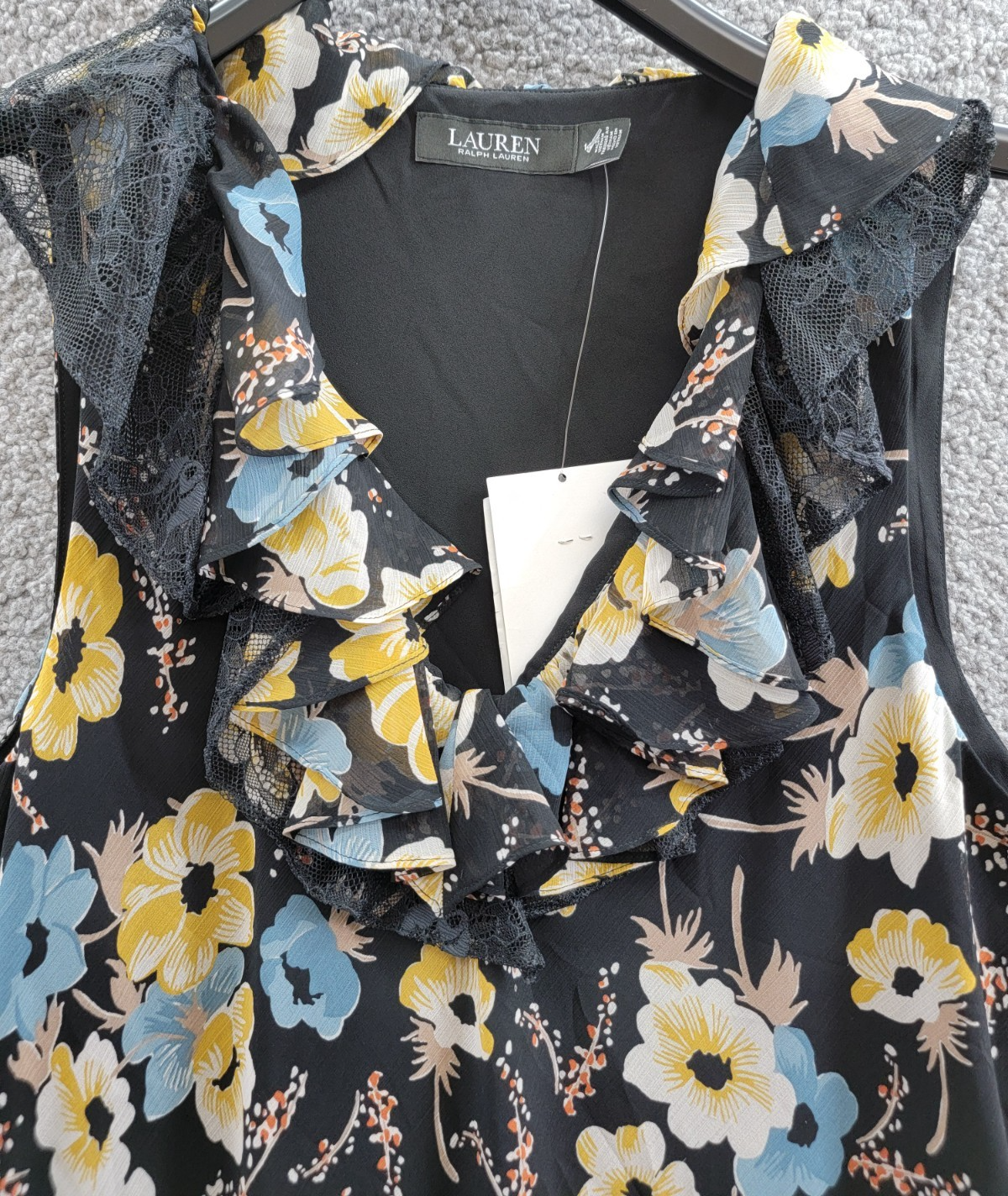 Lauren Ralph Lauren Floral A-Line Dress Women's 14 Black Multi Ruffle Sleeveless - Picture 5 of 15