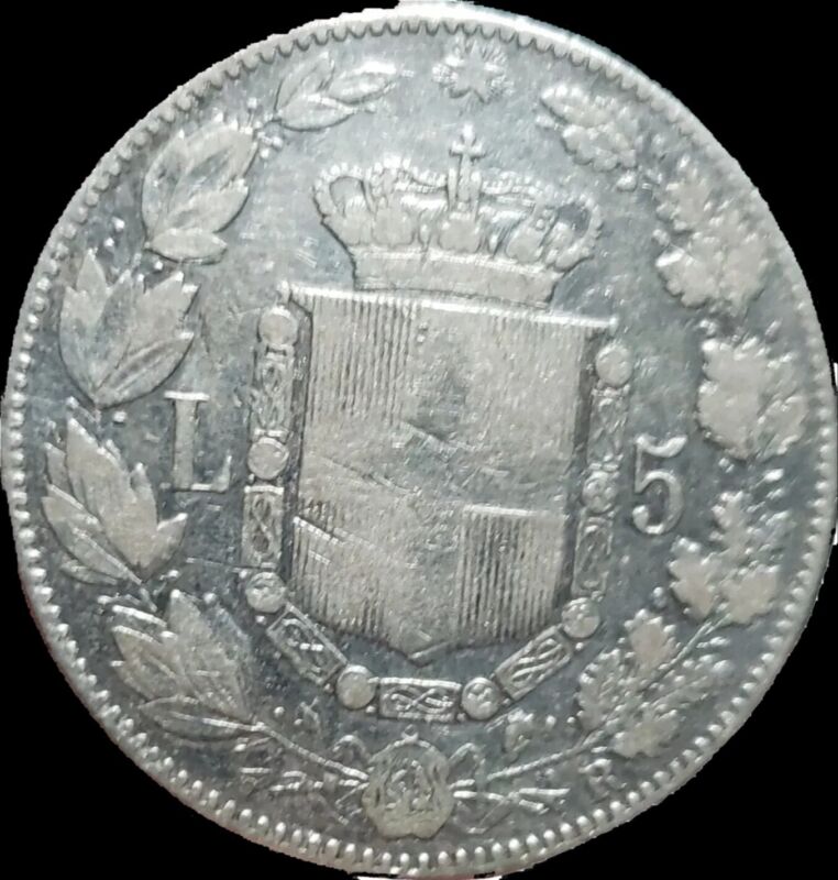 1879 Italy 5 Lire Silver. Rome Mint.  Shield King Umberto I. Scarce 