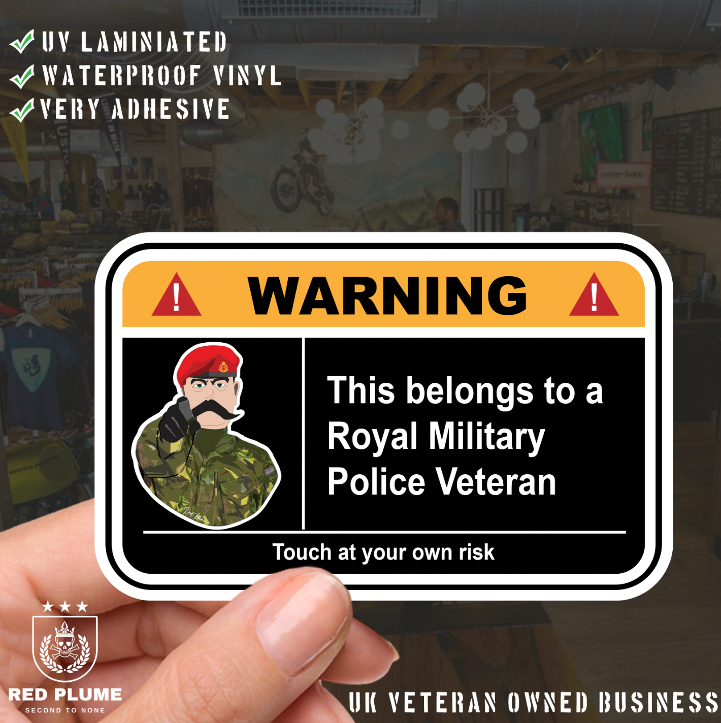 Royal Military Police Veteran Warning Funny Vinyl Sticker (100mm wide) –  Red Plume
