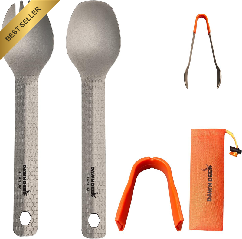 3 In1 Titanium Ultralight Cutlery Set, Long Handle Spoon and Spork, Camping Tong