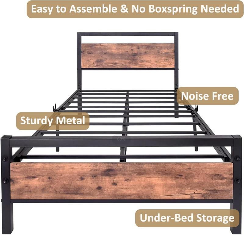 Sharllen Black Full Bed Frames with Wooden Headboard and Footboard under Bed Sto